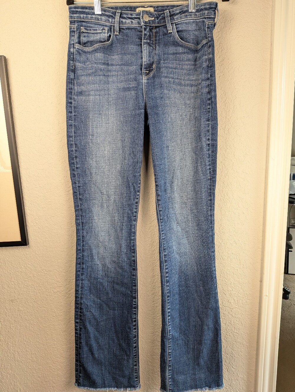 L'AGENCE Ruth High Rise Straight Leg Denim Size 29 Blue Distressed Hems Stretch